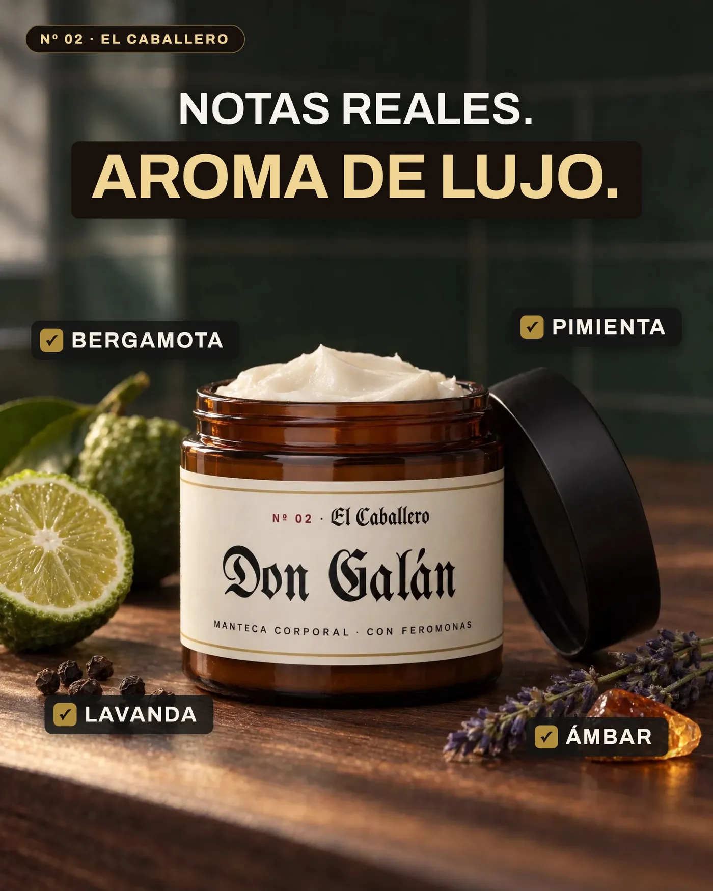 Notas de El Caballero: bergamota, pimienta, lavanda, ámbar