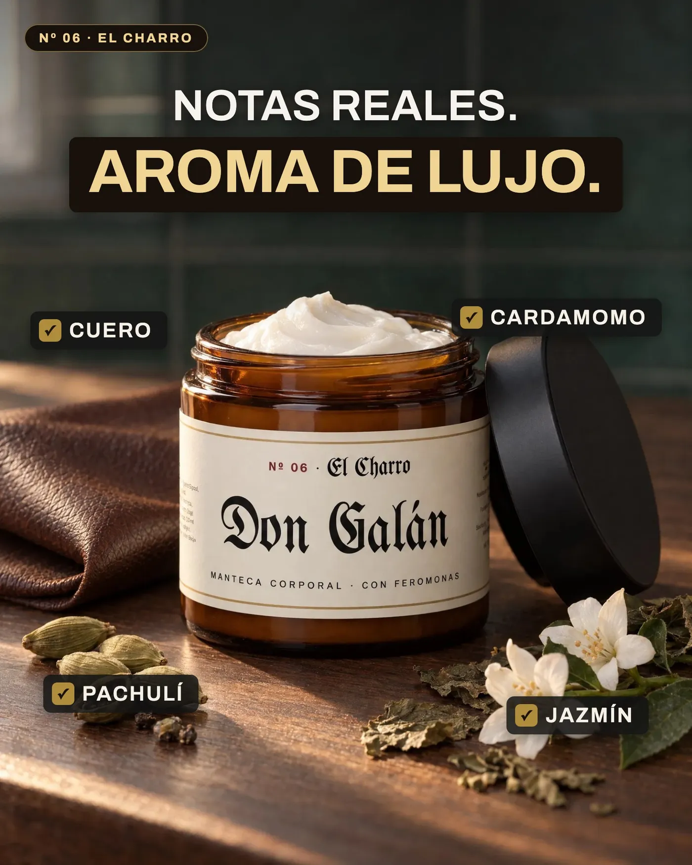 Notas de El Charro: cuero, cardamomo, pachulí, jazmín