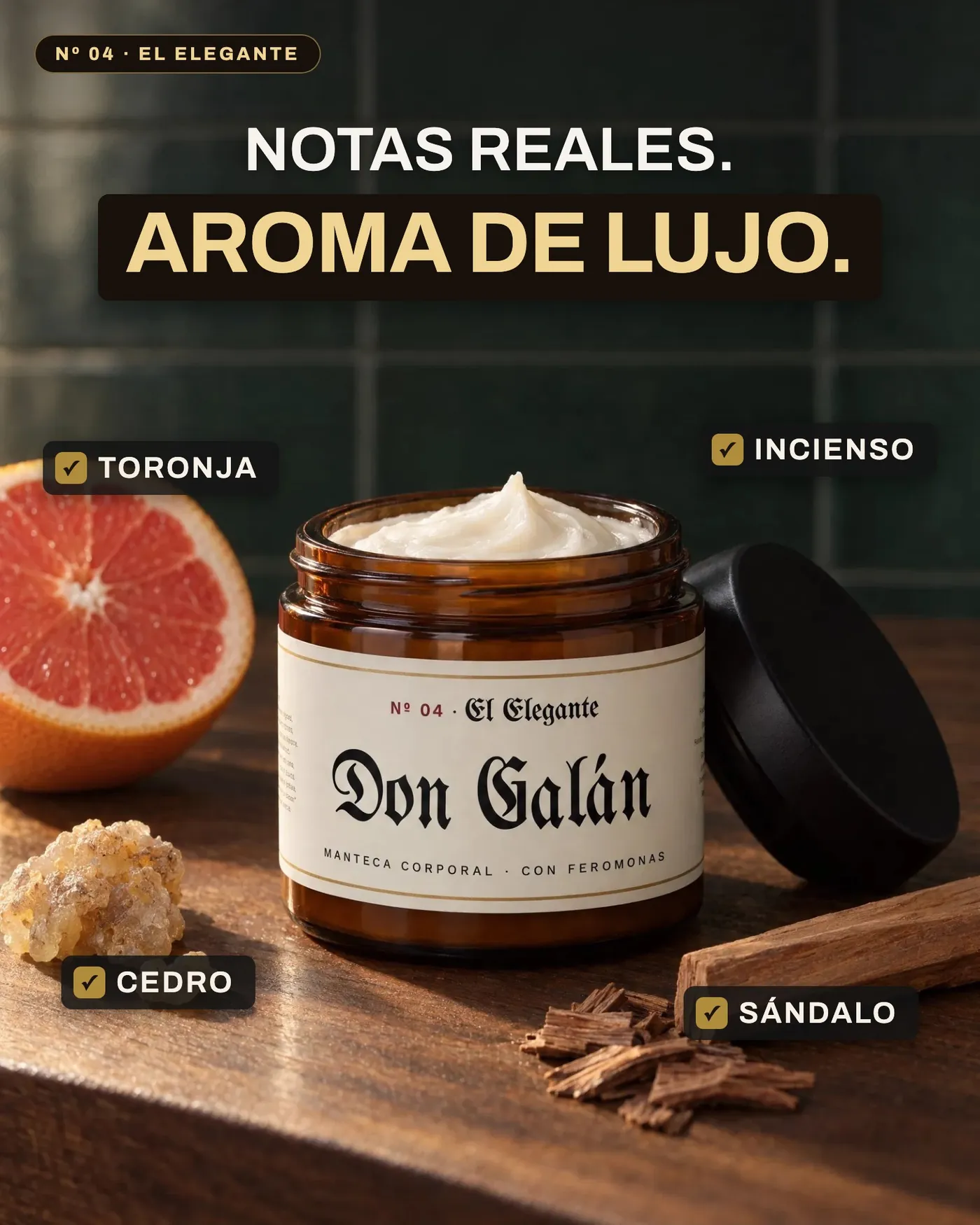 Notas de El Elegante: toronja, incienso, cedro, sándalo