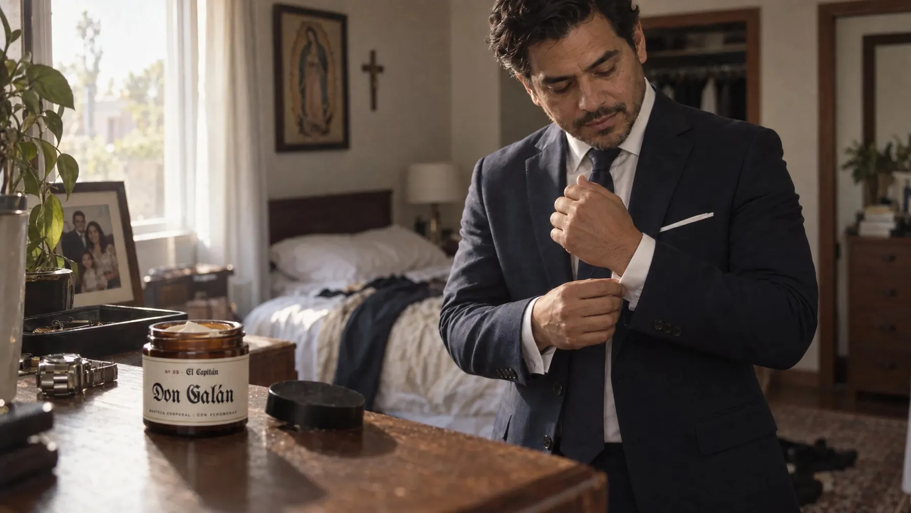Hombre con camisa blanca sosteniendo un pote de Don Galán en la mano