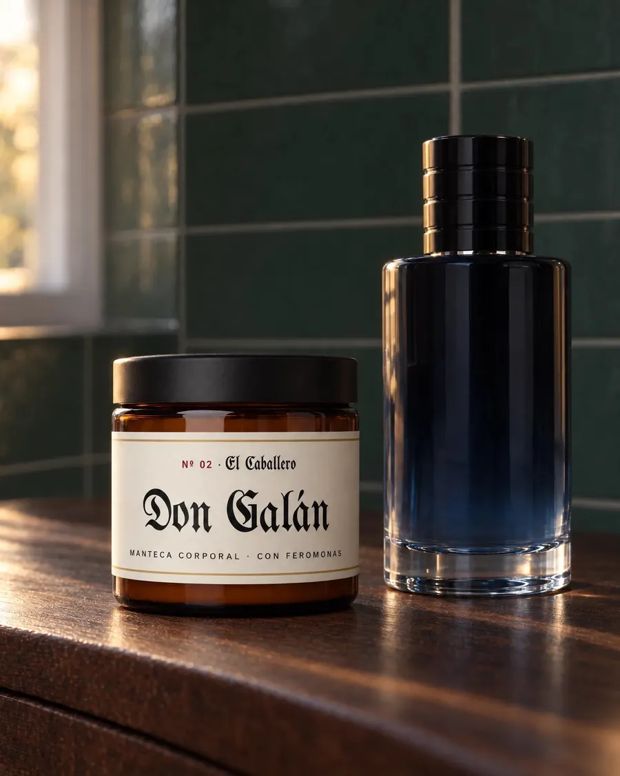 Pote de Don Galán El Caballero junto al perfume que lo inspira