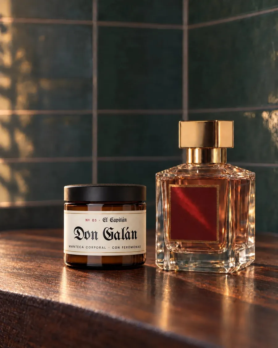 Pote de Don Galán El Capitán junto al perfume que lo inspira