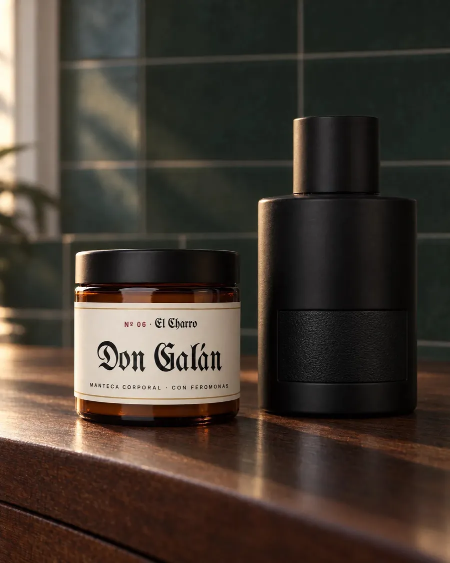 Pote de Don Galán El Charro junto al perfume que lo inspira