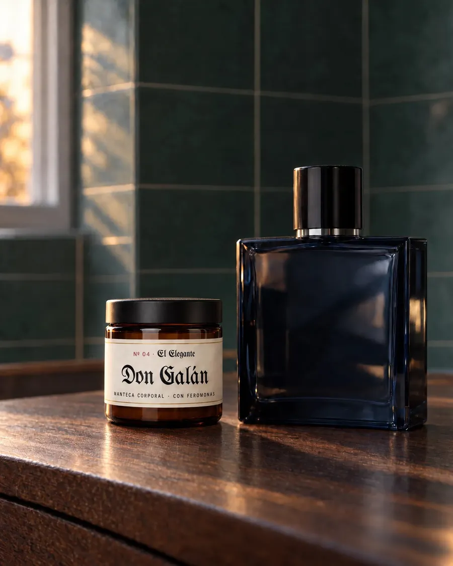 Pote de Don Galán El Elegante junto al perfume que lo inspira