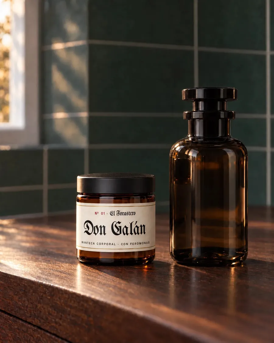 Pote de Don Galán El Forastero junto al perfume que lo inspira