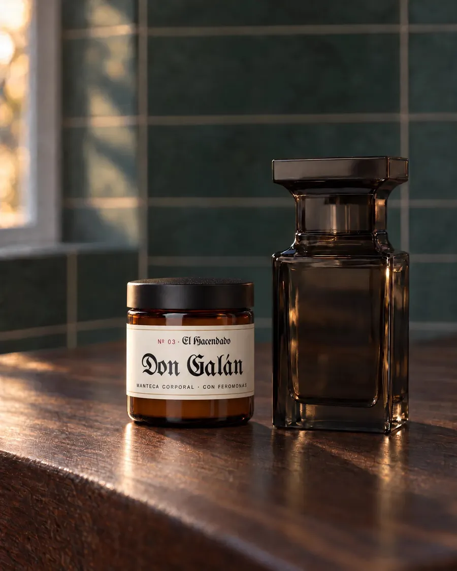 Pote de Don Galán El Hacendado junto al perfume que lo inspira