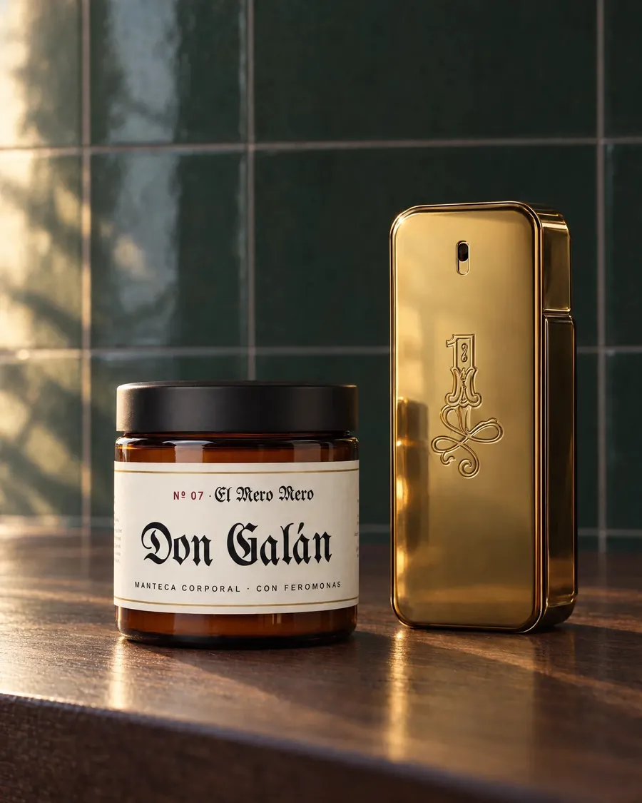 Pote de Don Galán El Mero Mero junto al perfume que lo inspira